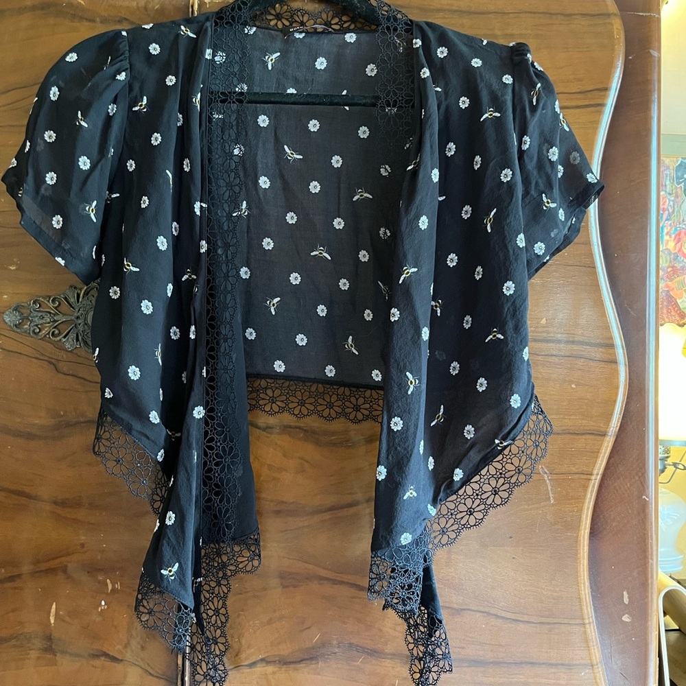 Black Floral Bolero with Lace Trim